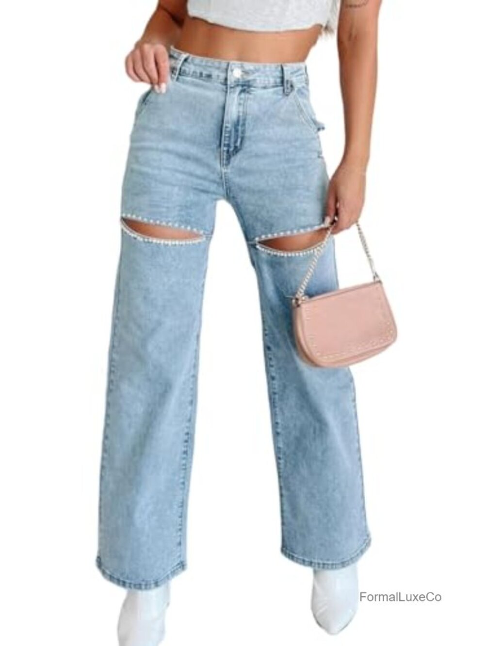 High Waist Wide Leg Cutout Denim Jeans Pearl Rhinestone Plus Size
